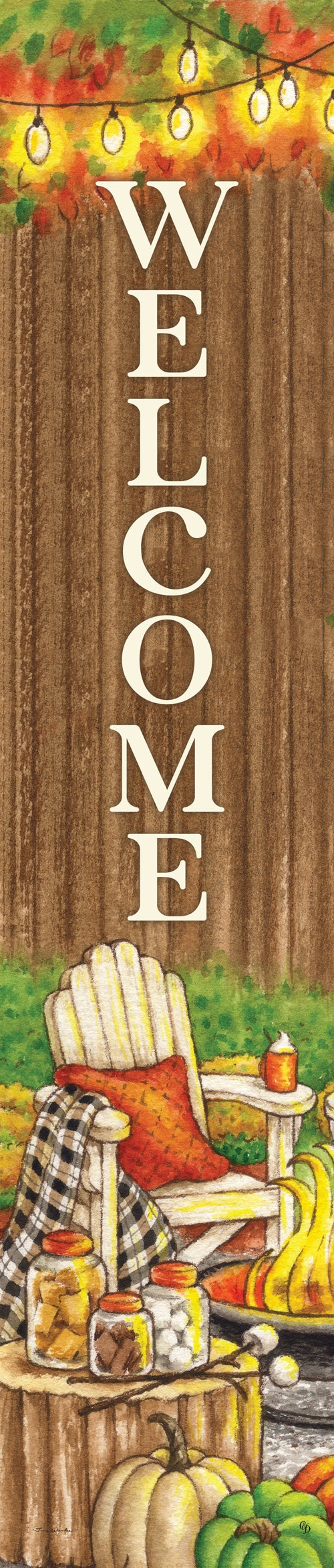 Decorative yard expression with 'WELCOME' text, chair, and autumn elements