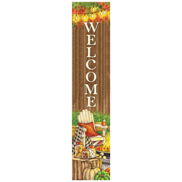 Decorative yard expression with 'WELCOME' text, chair, and autumn elements 