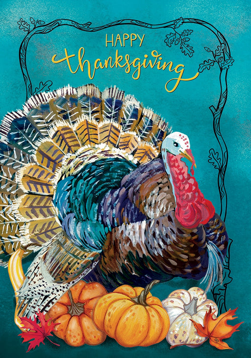 Decorative Thanksgiving flag with a turkey and pumpkins on a blue background
