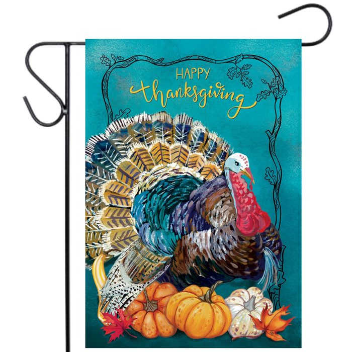 Decorative Thanksgiving flag with a turkey and pumpkins on a blue background