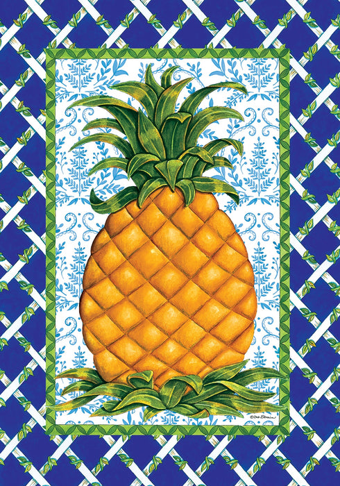 Decorative flag with a pineapple design on a blue and white checkered background