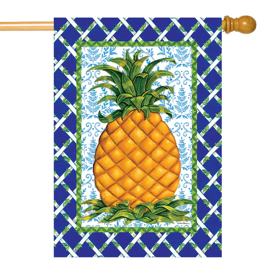 Decorative flag with a pineapple design on a blue and white checkered background