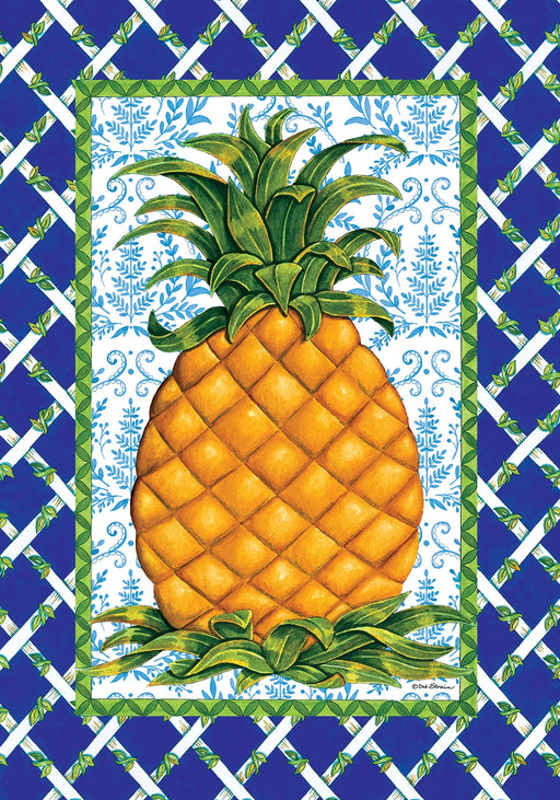 Decorative flag with a pineapple design on a blue and white checkered background