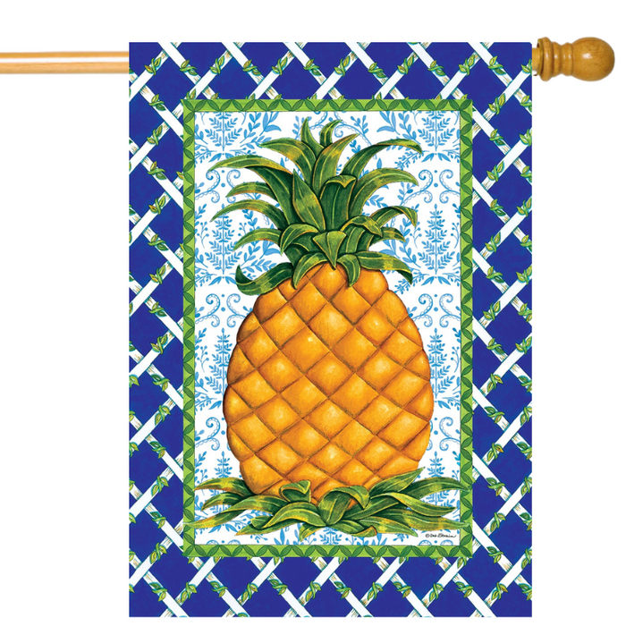 Decorative flag with a pineapple design on a blue and white checkered background