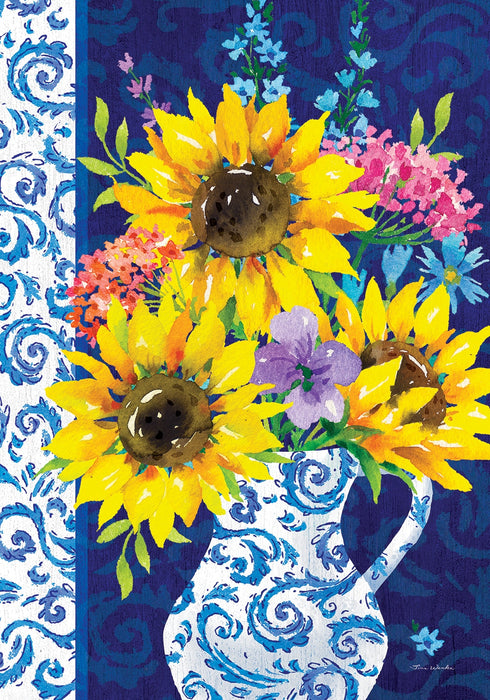 Decorative flag with sunflowers and a pitcher on a blue and white patterned background