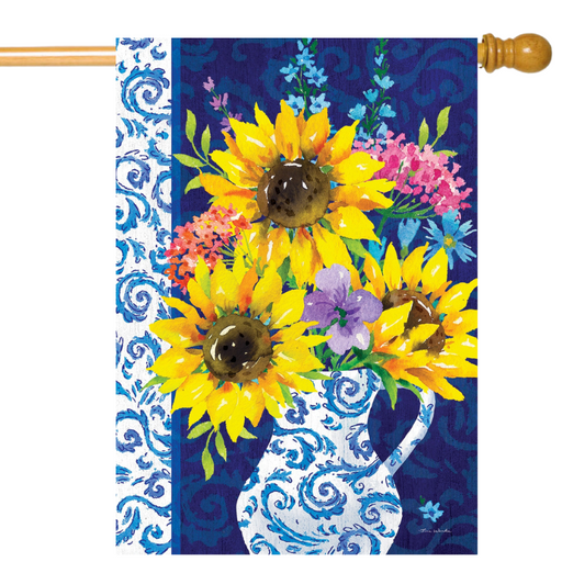 Decorative flag with sunflowers and a pitcher on a blue and white patterned background