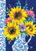 Decorative flag with sunflowers and a pitcher on a blue and white patterned background