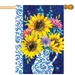 Decorative flag with sunflowers and a pitcher on a blue and white patterned background