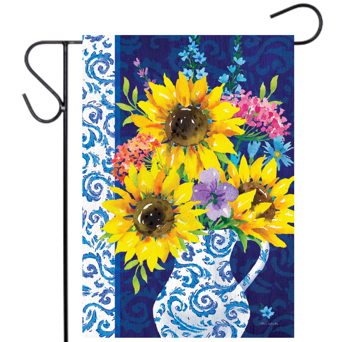 Decorative flag with sunflowers and a pitcher on a blue and white patterned background