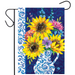 Decorative flag with sunflowers and a pitcher on a blue and white patterned background
