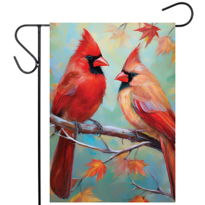 Cardinal Couple Fall Leaves Garden Flag