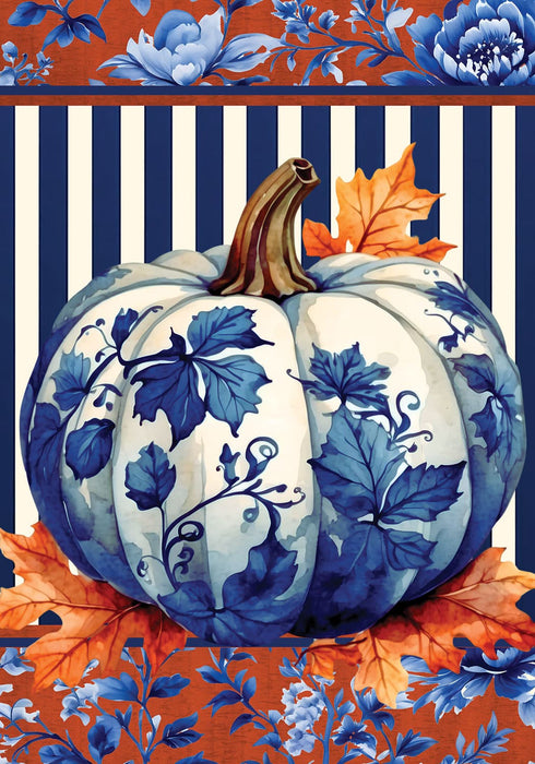 Decorative flag with a blue and white pumpkin design on a striped background.