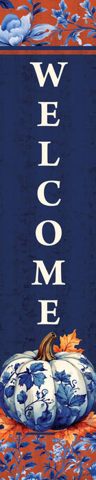 Decorative yard expression with 'WELCOME' text, blue and white pumpkin design, and floral patterns