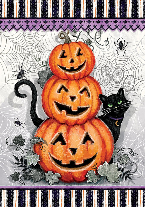 Halloween-themed decorative flag with pumpkins, a cat, and spider webs on a purple and black striped background.