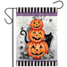 Halloween-themed garden flag with pumpkins, a cat, and spider webs on a purple and black striped background.