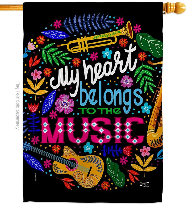 Decorative flag with musical instruments and colorful text on a black background