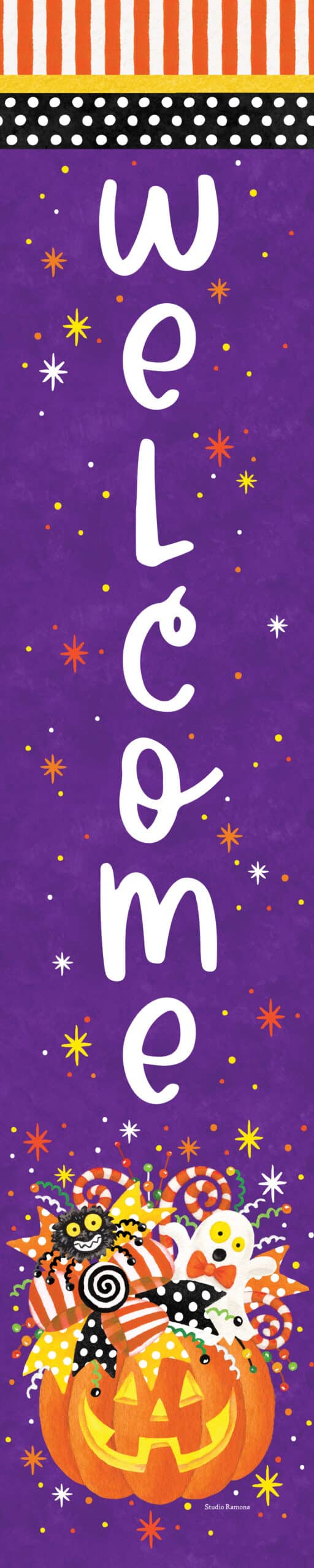 Halloween-themed decorative yard expression with 'Welcome' text and pumpkin design on a purple background.