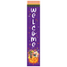 Halloween-themed decorative yard expression with 'Welcome' text and pumpkin design on a purple background.