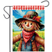 Garden flag with a scarecrow design featuring a checkered scarf and hat, against a scenic background.