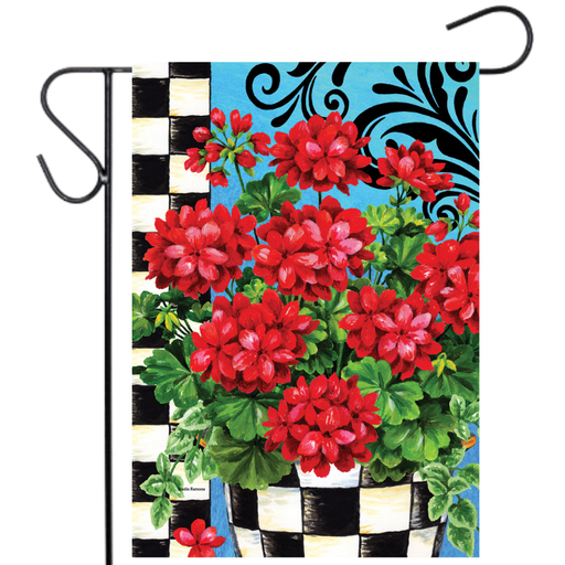 Checkered Red Geraniums Garden Flag