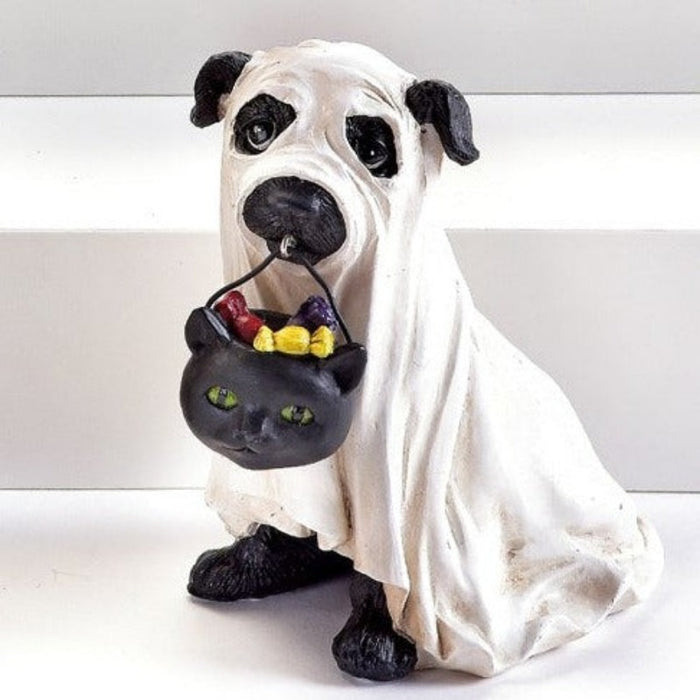 White Ghost Trick or Treat Dog Figurine