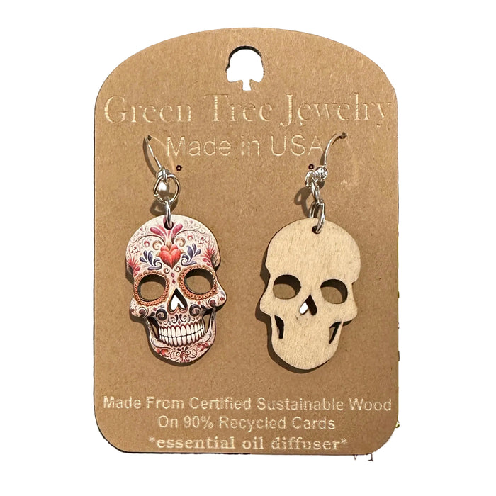 Sugar Skull Heart Wood Earrings