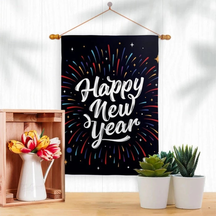 Happy New Year Fireworks Banner Flag