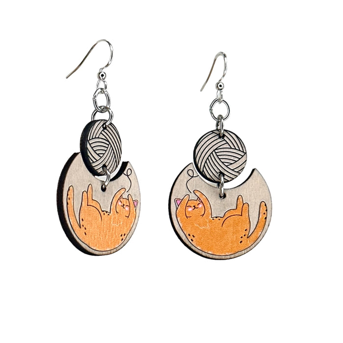 Cat with Yarn Wood Earrings