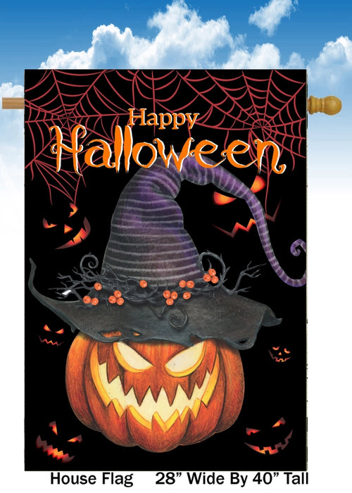 Halloween-themed house flag with a pumpkin and witch hat design with a dark background