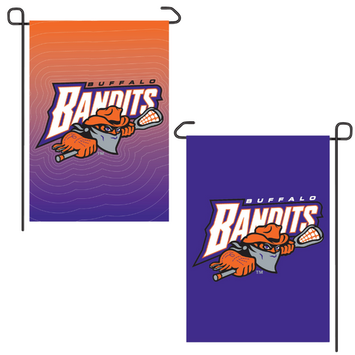 showing the front and back of 1 garden flag; one side has an orange and purple gradient and the other side is just purple with the Buffalo Bandits logo