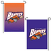 showing the front and back of 1 garden flag; one side has an orange and purple gradient and the other side is just purple with the Buffalo Bandits logo