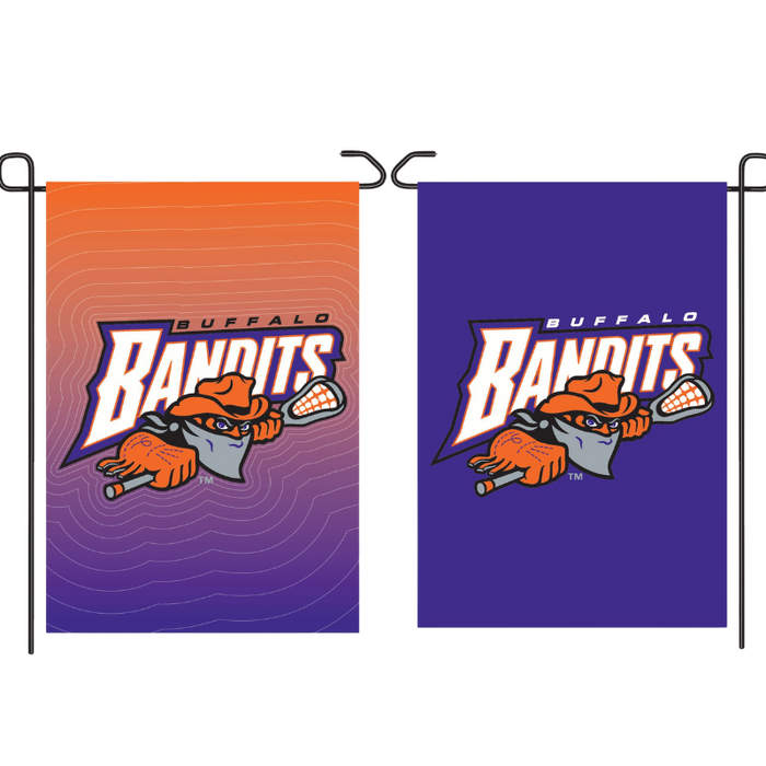 showing the front and back of 1 garden flag; one side has an orange and purple gradient and the other side is just purple with the Buffalo Bandits logo