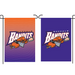 showing the front and back of 1 garden flag; one side has an orange and purple gradient and the other side is just purple with the Buffalo Bandits logo