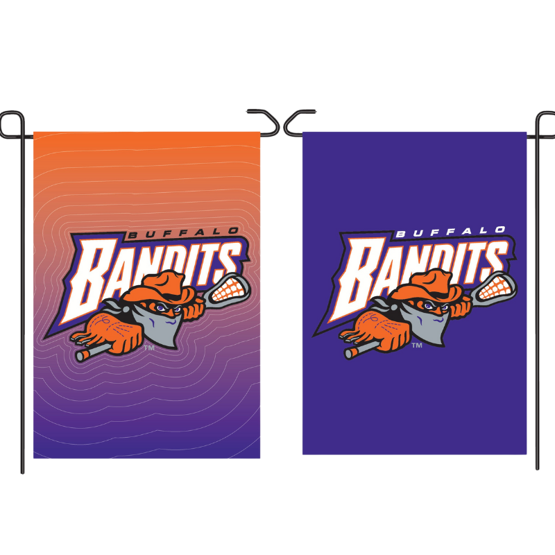 showing the front and back of 1 garden flag; one side has an orange and purple gradient and the other side is just purple with the Buffalo Bandits logo