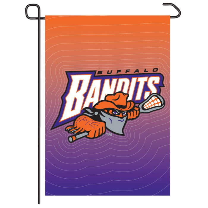 Buffalo Bandits logo on an orange and purple gradient flag
