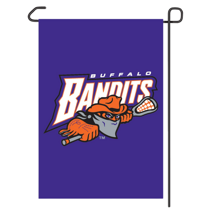 Flag with 'Buffalo Bandits' logo on a purple background