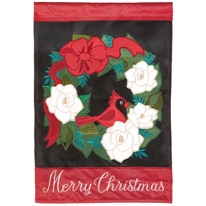 Decorative Christmas flag with cardinal, flowers, and 'Merry Christmas' text on a black background.