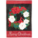 Decorative Christmas flag with cardinal, flowers, and 'Merry Christmas' text on a black background.