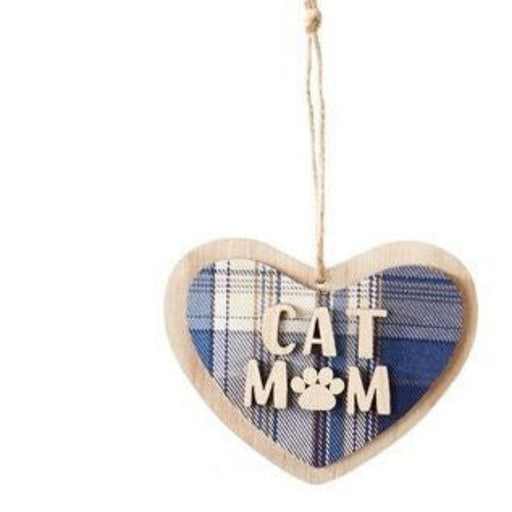 Cat Mom Plaid Heart Wood Ornament
