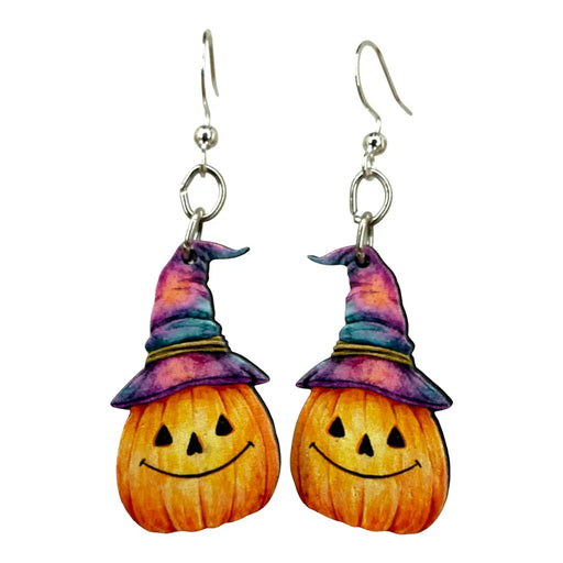 Watercolor Witch Pumpkins Wood Earrings