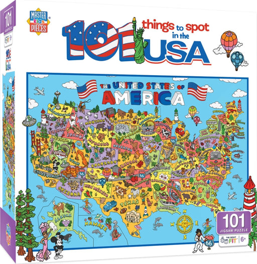 Jigsaw puzzle box featuring a colorful map of the USA with landmarks and text '101 things to spot in the USA'.