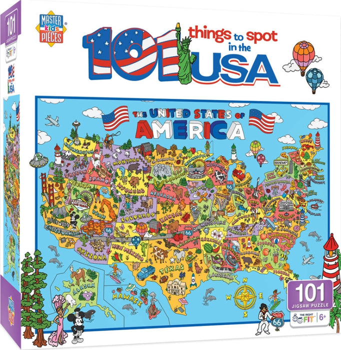Jigsaw puzzle box featuring a colorful map of the USA with landmarks and text '101 things to spot in the USA'.
