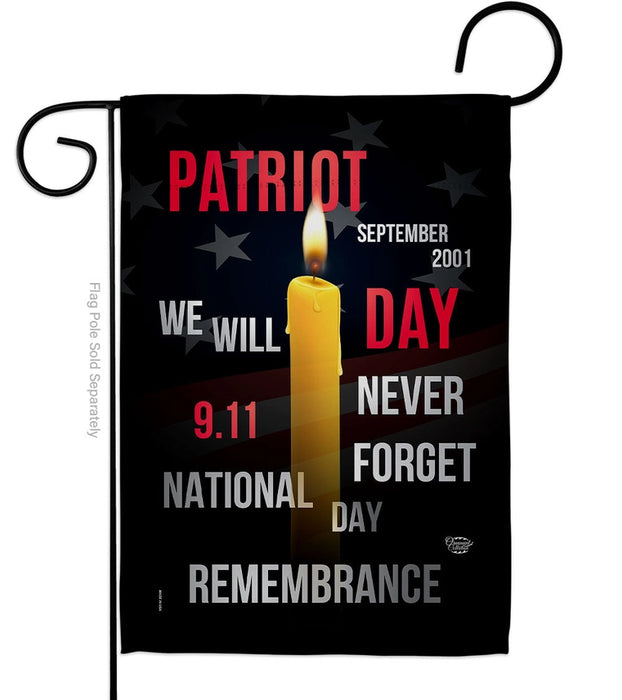 Flag with a candle and text about September 11th remembrance on a black background