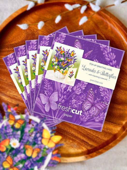 Paper Bouquet of lavender and daisies with butterflies in a white basket that comes with a greeting card