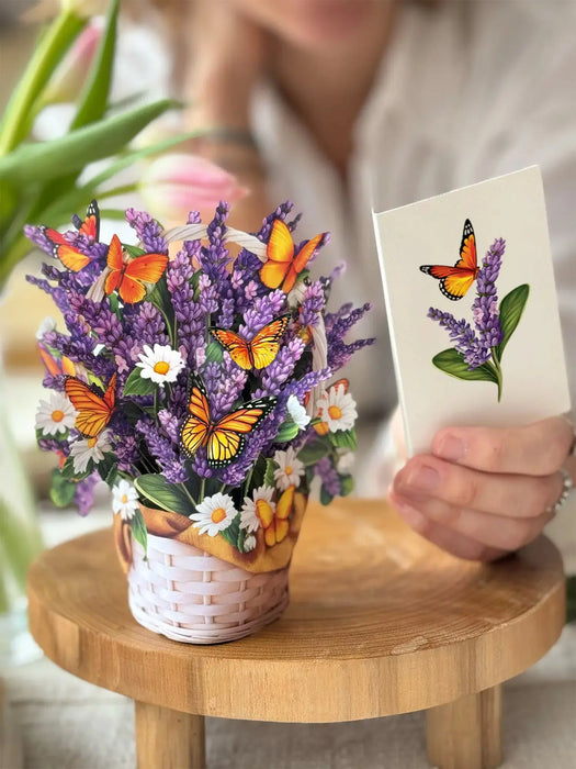 Paper Bouquet of lavender and daisies with butterflies in a white basket that comes with a greeting card