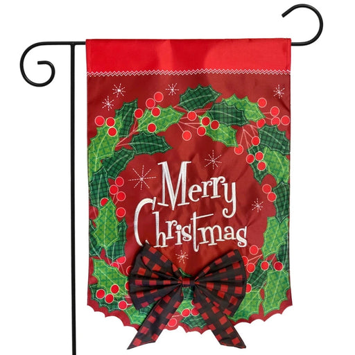 Merry Christmas Wreath Applique Garden Flag