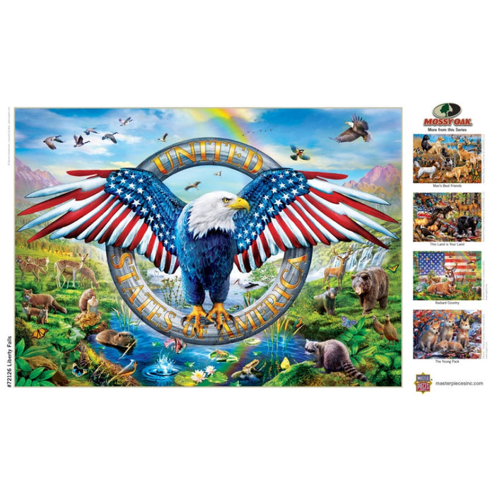 Eagle with American flag puzzle in a natural setting with animals and mountains.