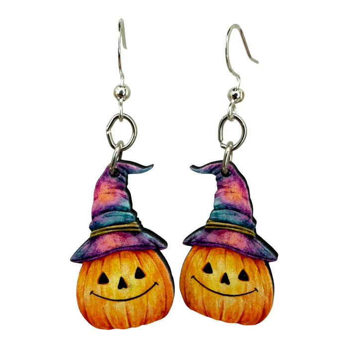 Watercolor Witch Pumpkins Wood Earrings