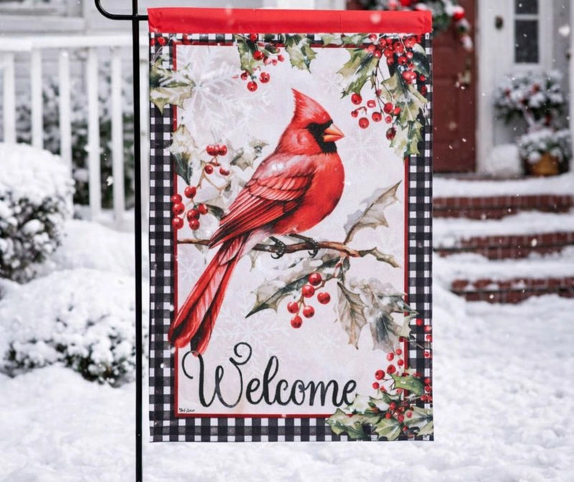 Cardinal & Winter Berries Welcome Garden Flag