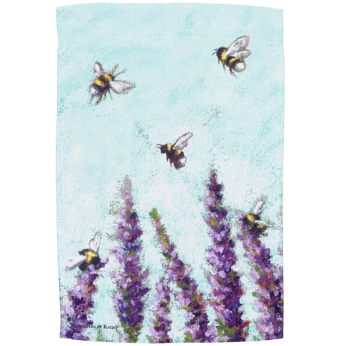 Decorative garden flag with bees and lavender on a light blue background